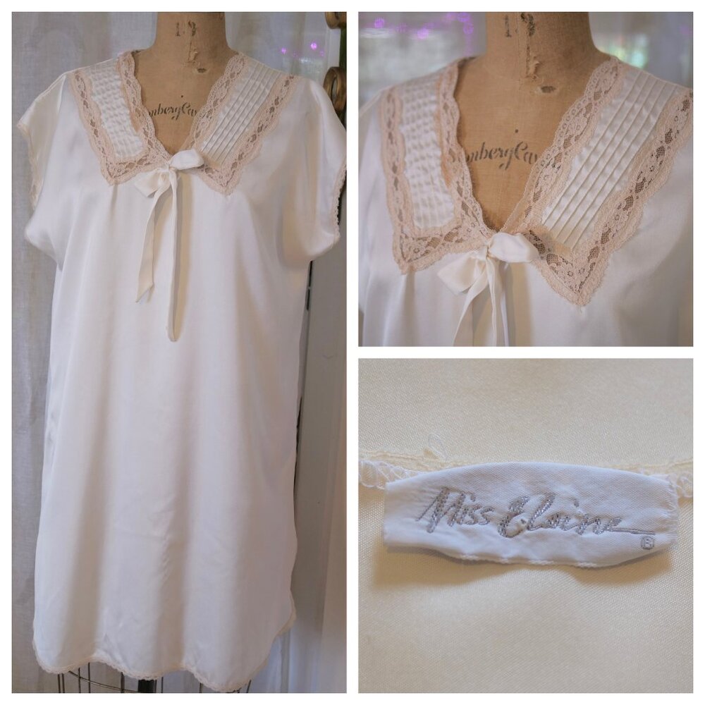 vtg MISS ELAINE Cream Short Shiny Chemise Babydoll Nightgown Lace M Coquette